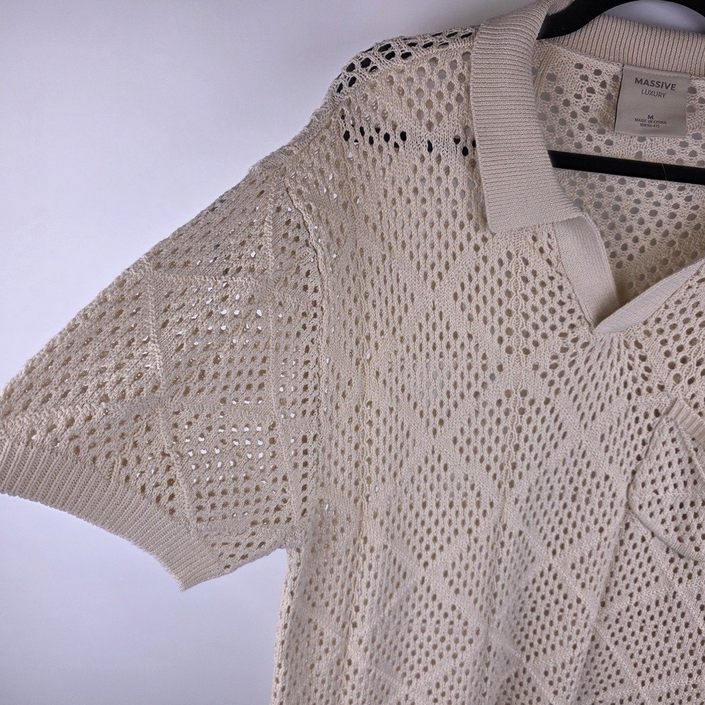 NWT Massive Luxury Edition Men's M Crochet Knit Polo Shirt Open‎ Weave Neutral - Picture 3 of 7